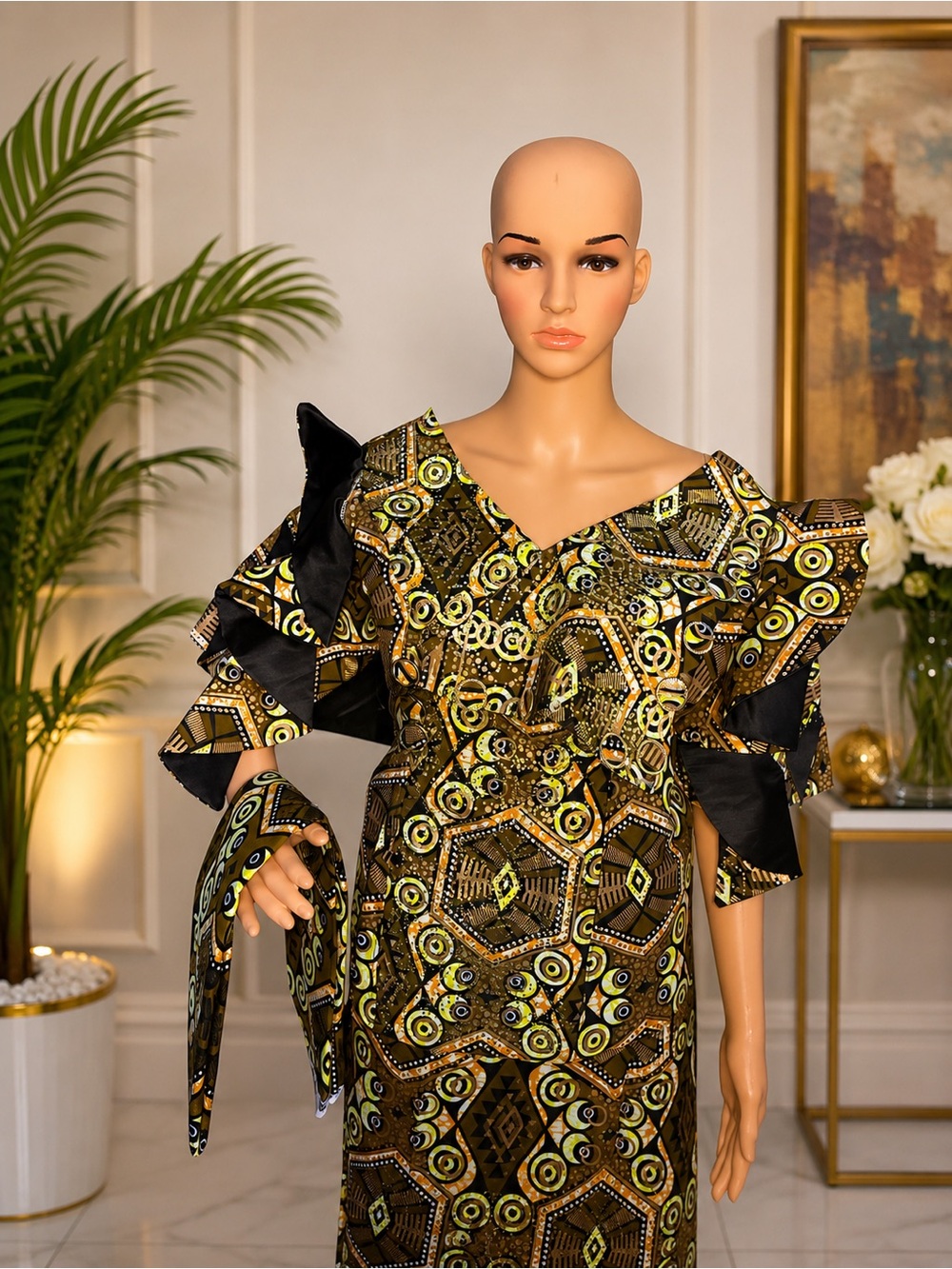 One-Shoulder Ruffled African Print Dress in Black and Gold